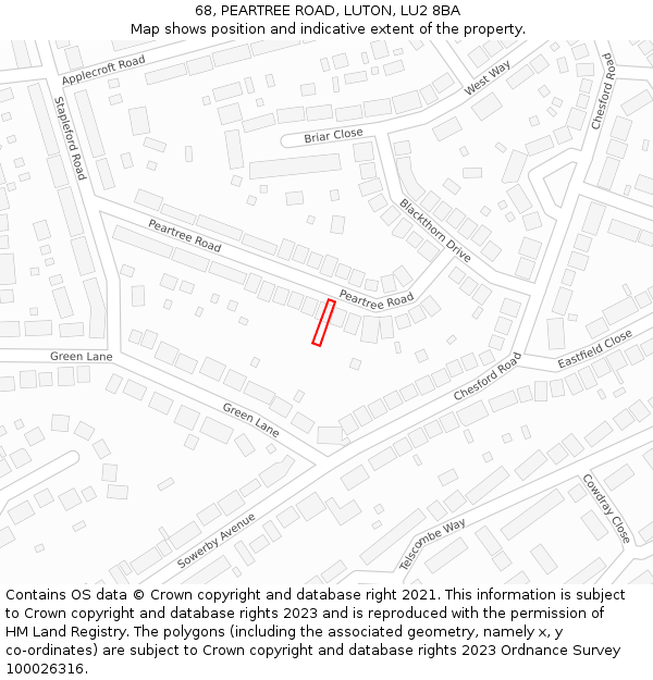 68, PEARTREE ROAD, LUTON, LU2 8BA: Location map and indicative extent of plot