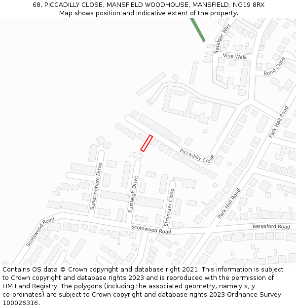 68, PICCADILLY CLOSE, MANSFIELD WOODHOUSE, MANSFIELD, NG19 8RX: Location map and indicative extent of plot