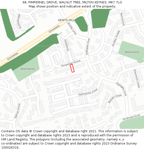 68, PIMPERNEL GROVE, WALNUT TREE, MILTON KEYNES, MK7 7LG: Location map and indicative extent of plot