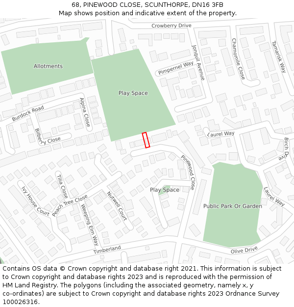 68, PINEWOOD CLOSE, SCUNTHORPE, DN16 3FB: Location map and indicative extent of plot