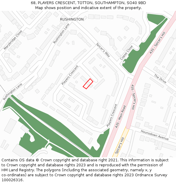 68, PLAYERS CRESCENT, TOTTON, SOUTHAMPTON, SO40 9BD: Location map and indicative extent of plot