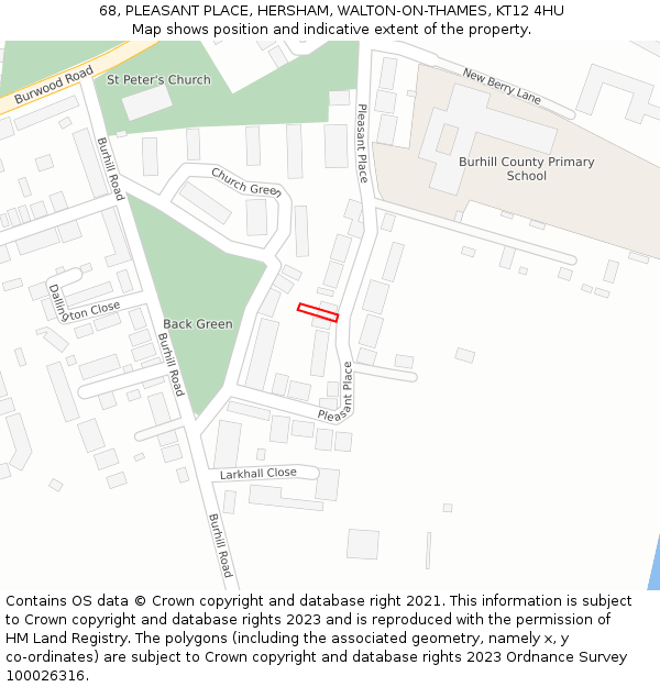 68, PLEASANT PLACE, HERSHAM, WALTON-ON-THAMES, KT12 4HU: Location map and indicative extent of plot