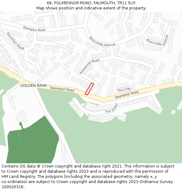 68, POLMENNOR ROAD, FALMOUTH, TR11 5UY: Location map and indicative extent of plot