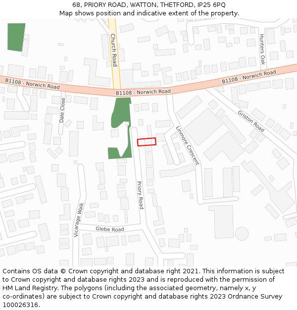 68, PRIORY ROAD, WATTON, THETFORD, IP25 6PQ: Location map and indicative extent of plot