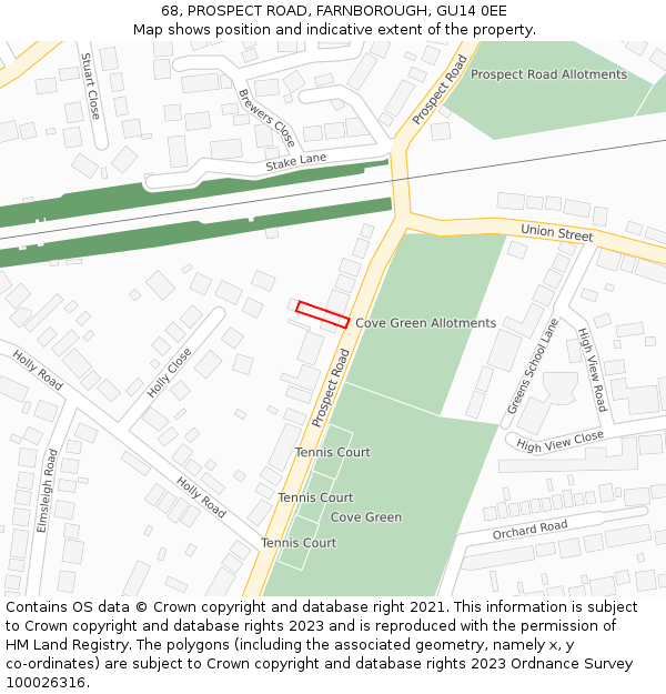 68, PROSPECT ROAD, FARNBOROUGH, GU14 0EE: Location map and indicative extent of plot