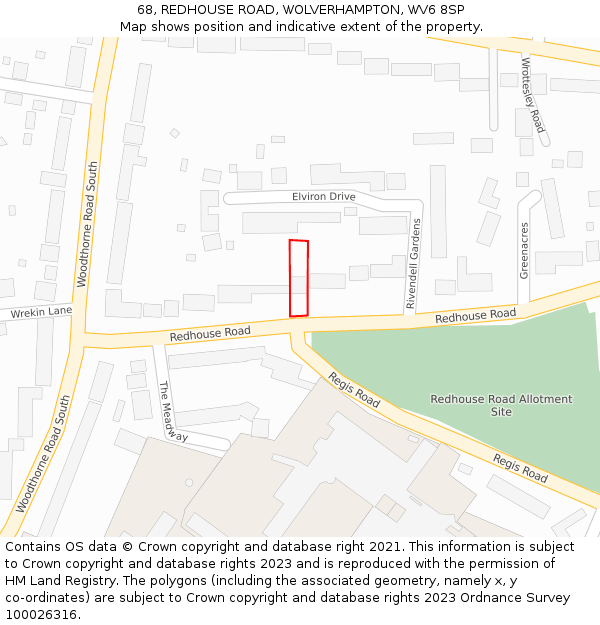 68, REDHOUSE ROAD, WOLVERHAMPTON, WV6 8SP: Location map and indicative extent of plot