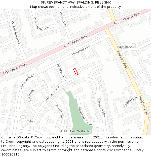 68, REMBRANDT WAY, SPALDING, PE11 3HX: Location map and indicative extent of plot