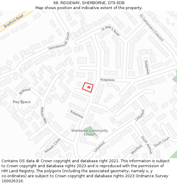 68, RIDGEWAY, SHERBORNE, DT9 6DB: Location map and indicative extent of plot