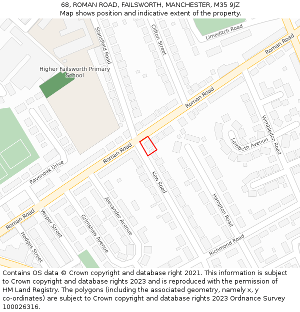 68, ROMAN ROAD, FAILSWORTH, MANCHESTER, M35 9JZ: Location map and indicative extent of plot