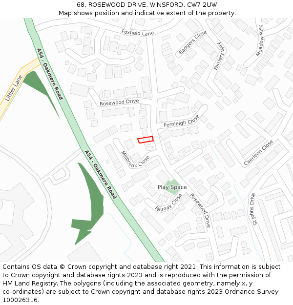 68, ROSEWOOD DRIVE, WINSFORD, CW7 2UW: Location map and indicative extent of plot