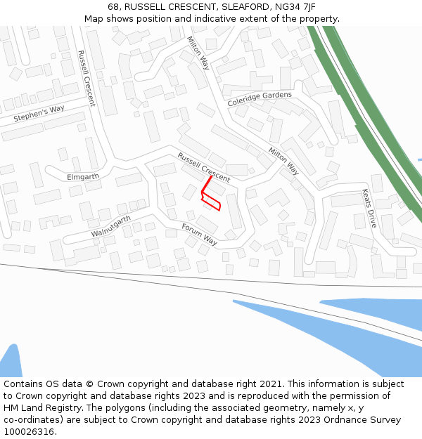 68, RUSSELL CRESCENT, SLEAFORD, NG34 7JF: Location map and indicative extent of plot