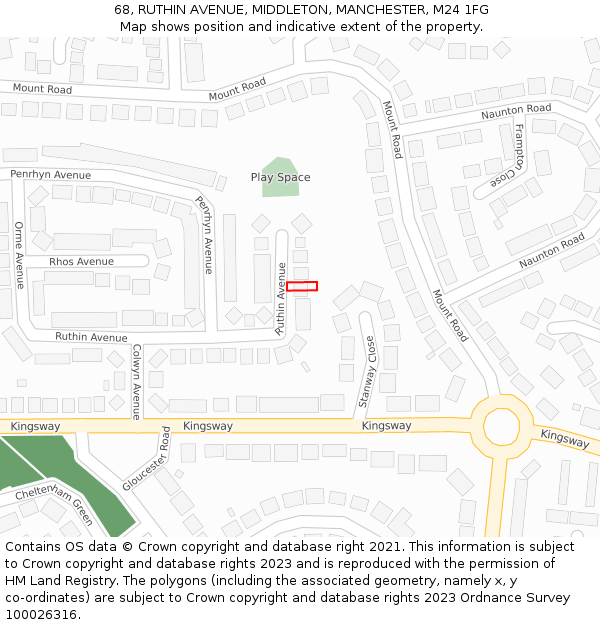 68, RUTHIN AVENUE, MIDDLETON, MANCHESTER, M24 1FG: Location map and indicative extent of plot