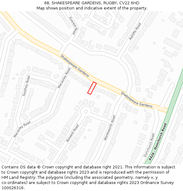 68, SHAKESPEARE GARDENS, RUGBY, CV22 6HD: Location map and indicative extent of plot