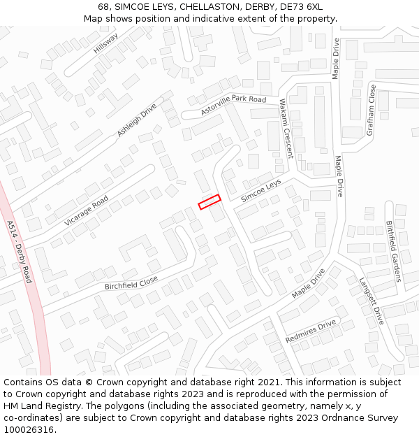 68, SIMCOE LEYS, CHELLASTON, DERBY, DE73 6XL: Location map and indicative extent of plot