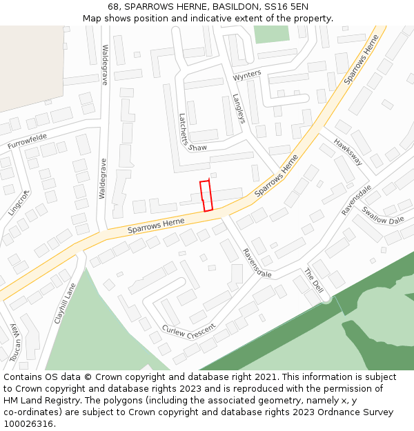 68, SPARROWS HERNE, BASILDON, SS16 5EN: Location map and indicative extent of plot