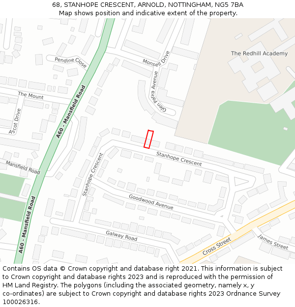 68, STANHOPE CRESCENT, ARNOLD, NOTTINGHAM, NG5 7BA: Location map and indicative extent of plot