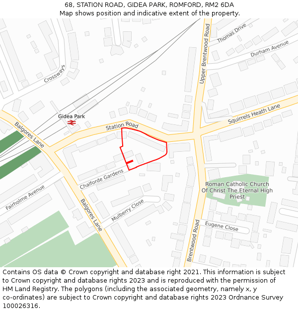 68, STATION ROAD, GIDEA PARK, ROMFORD, RM2 6DA: Location map and indicative extent of plot