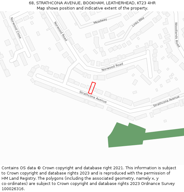 68, STRATHCONA AVENUE, BOOKHAM, LEATHERHEAD, KT23 4HR: Location map and indicative extent of plot