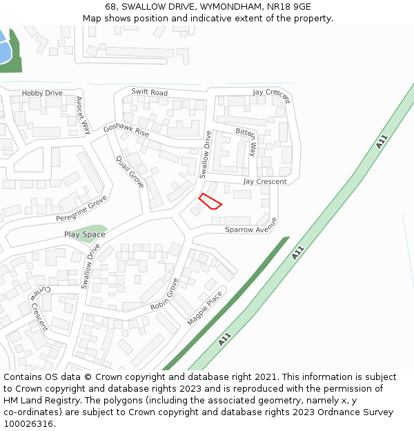 68, SWALLOW DRIVE, WYMONDHAM, NR18 9GE: Location map and indicative extent of plot