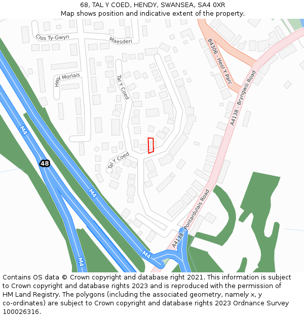 68, TAL Y COED, HENDY, SWANSEA, SA4 0XR: Location map and indicative extent of plot