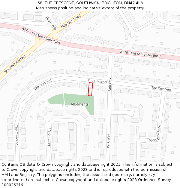 68, THE CRESCENT, SOUTHWICK, BRIGHTON, BN42 4LA: Location map and indicative extent of plot