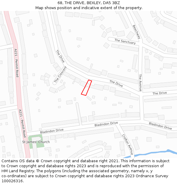 68, THE DRIVE, BEXLEY, DA5 3BZ: Location map and indicative extent of plot