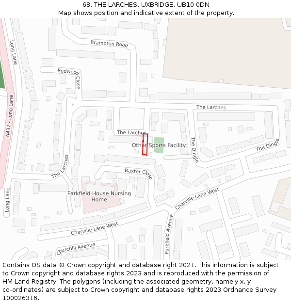 68, THE LARCHES, UXBRIDGE, UB10 0DN: Location map and indicative extent of plot