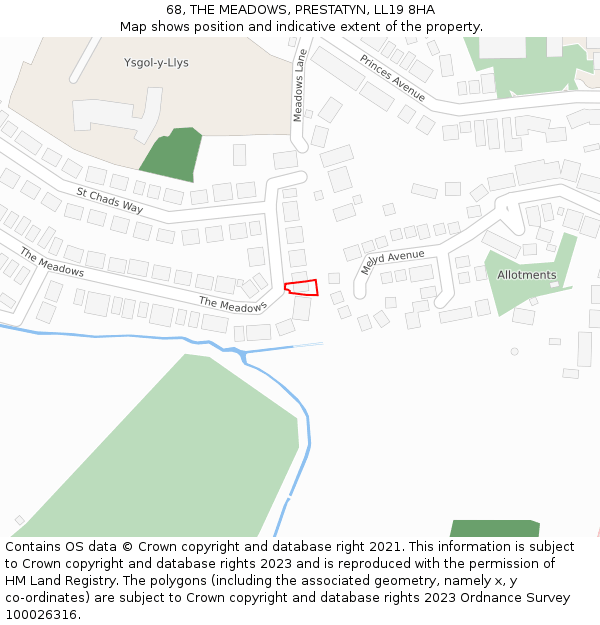 68, THE MEADOWS, PRESTATYN, LL19 8HA: Location map and indicative extent of plot