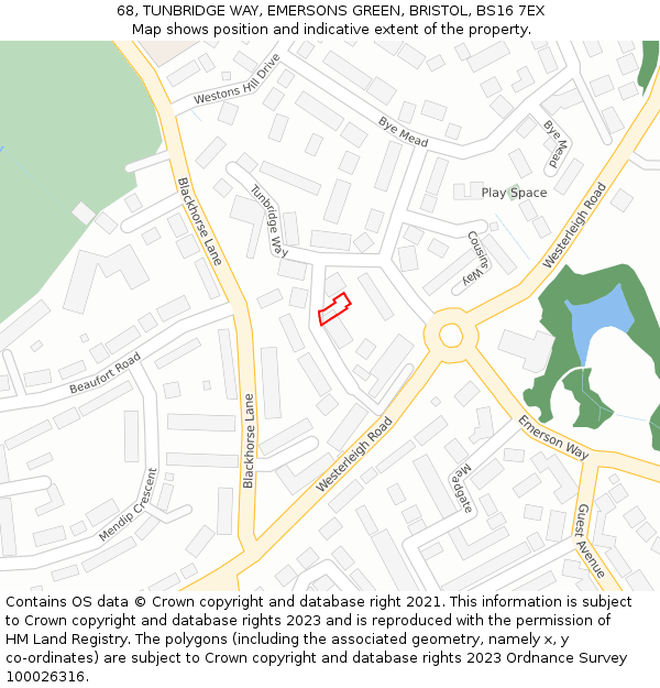 68, TUNBRIDGE WAY, EMERSONS GREEN, BRISTOL, BS16 7EX: Location map and indicative extent of plot
