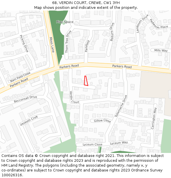 68, VERDIN COURT, CREWE, CW1 3YH: Location map and indicative extent of plot