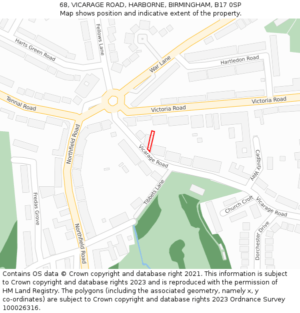 68, VICARAGE ROAD, HARBORNE, BIRMINGHAM, B17 0SP: Location map and indicative extent of plot