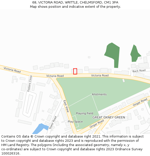 68, VICTORIA ROAD, WRITTLE, CHELMSFORD, CM1 3PA: Location map and indicative extent of plot