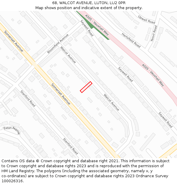 68, WALCOT AVENUE, LUTON, LU2 0PR: Location map and indicative extent of plot