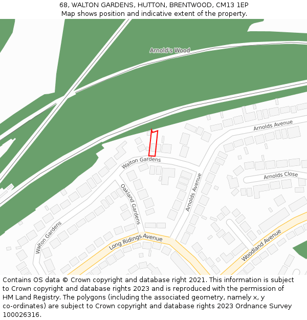 68, WALTON GARDENS, HUTTON, BRENTWOOD, CM13 1EP: Location map and indicative extent of plot