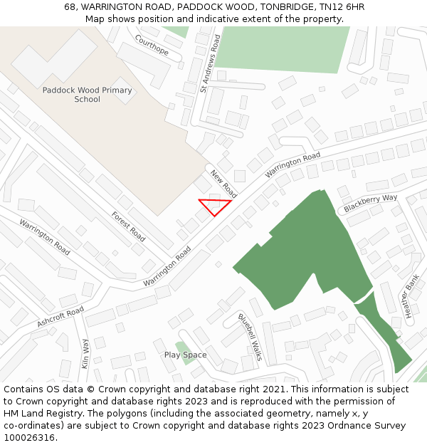 68, WARRINGTON ROAD, PADDOCK WOOD, TONBRIDGE, TN12 6HR: Location map and indicative extent of plot