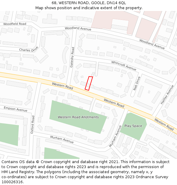 68, WESTERN ROAD, GOOLE, DN14 6QL: Location map and indicative extent of plot