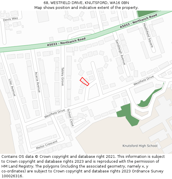 68, WESTFIELD DRIVE, KNUTSFORD, WA16 0BN: Location map and indicative extent of plot