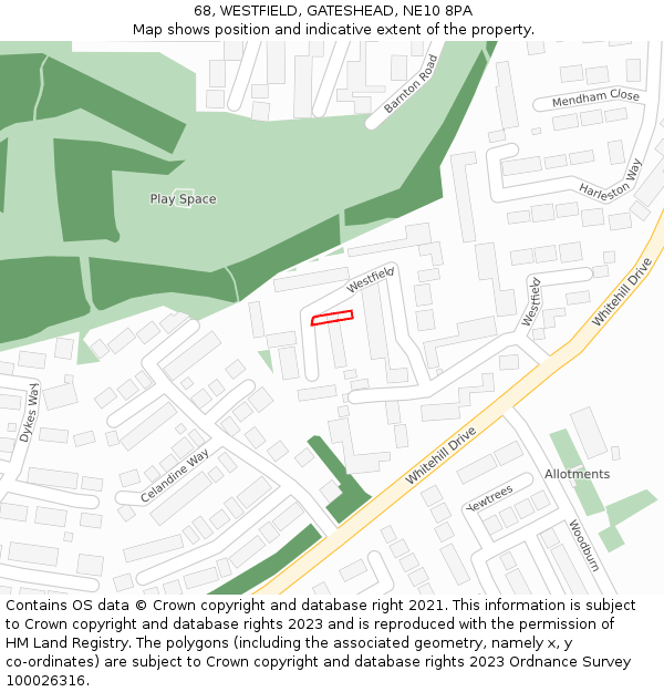 68, WESTFIELD, GATESHEAD, NE10 8PA: Location map and indicative extent of plot