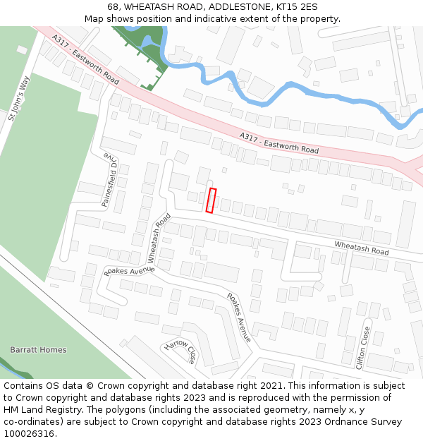 68, WHEATASH ROAD, ADDLESTONE, KT15 2ES: Location map and indicative extent of plot