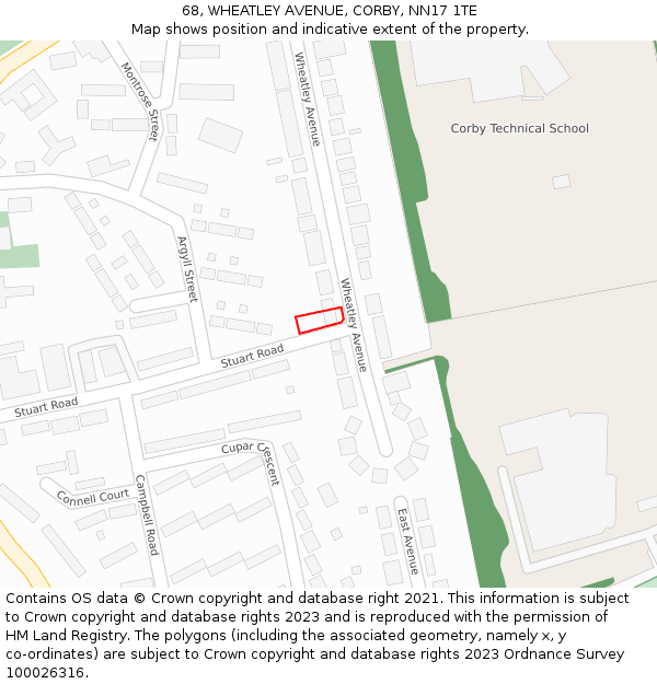 68, WHEATLEY AVENUE, CORBY, NN17 1TE: Location map and indicative extent of plot