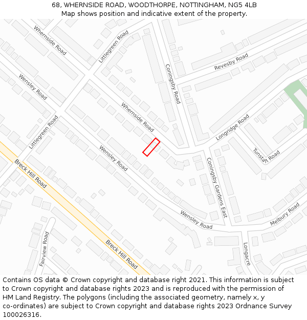 68, WHERNSIDE ROAD, WOODTHORPE, NOTTINGHAM, NG5 4LB: Location map and indicative extent of plot