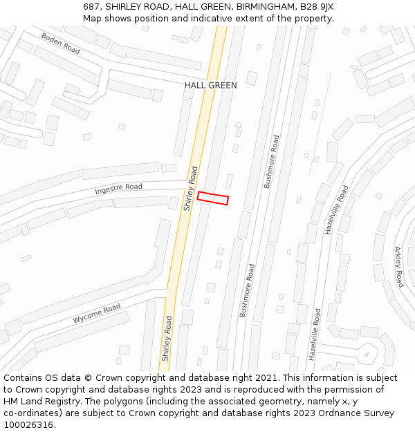 687, SHIRLEY ROAD, HALL GREEN, BIRMINGHAM, B28 9JX: Location map and indicative extent of plot