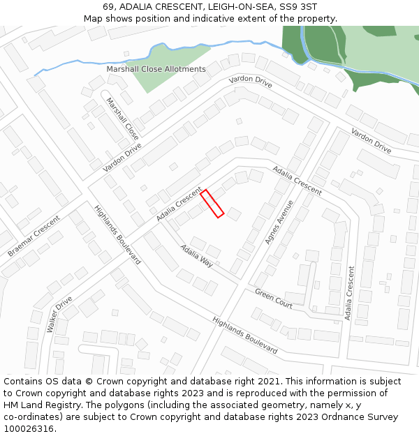 69, ADALIA CRESCENT, LEIGH-ON-SEA, SS9 3ST: Location map and indicative extent of plot