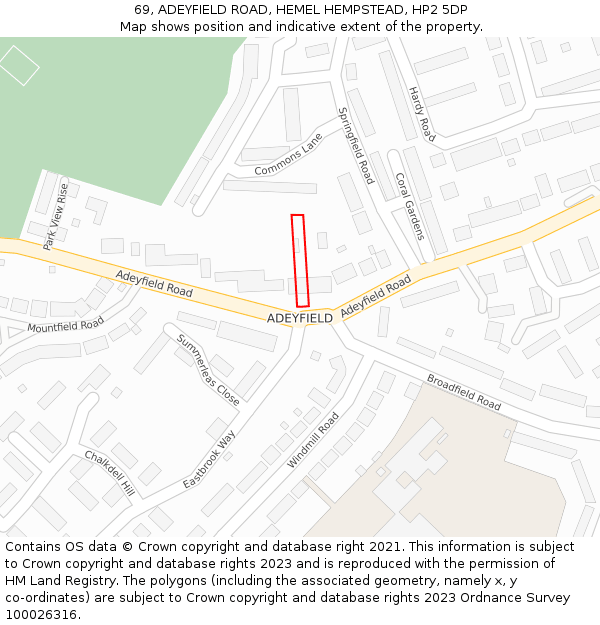 69, ADEYFIELD ROAD, HEMEL HEMPSTEAD, HP2 5DP: Location map and indicative extent of plot