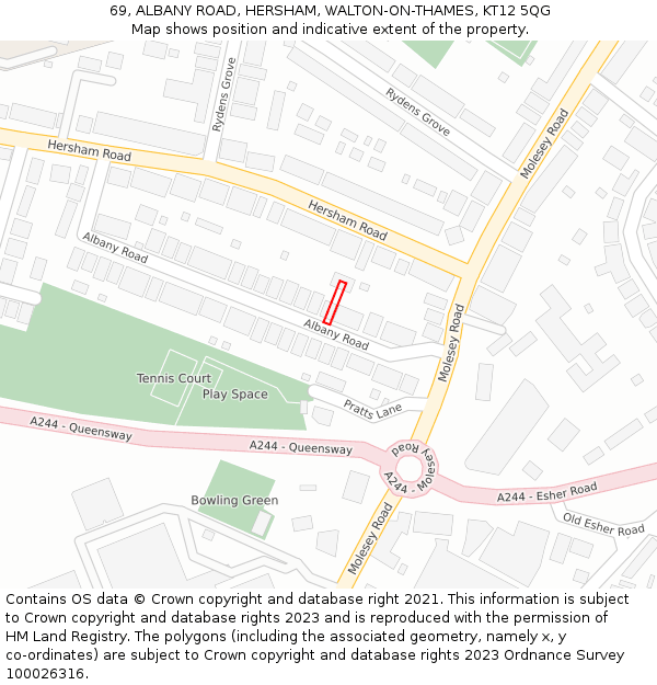 69, ALBANY ROAD, HERSHAM, WALTON-ON-THAMES, KT12 5QG: Location map and indicative extent of plot