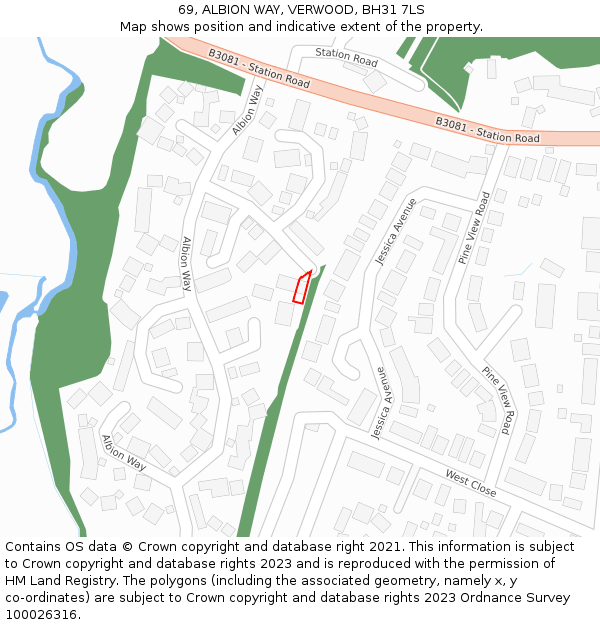 69, ALBION WAY, VERWOOD, BH31 7LS: Location map and indicative extent of plot