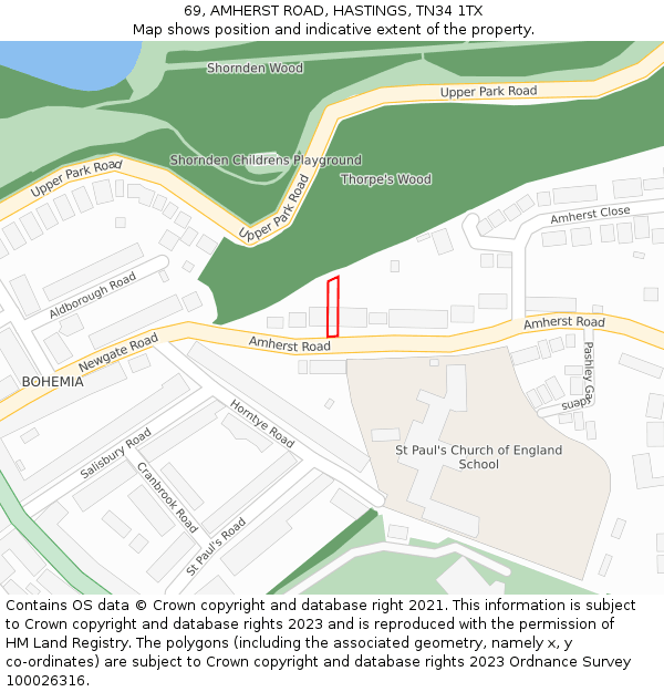 69, AMHERST ROAD, HASTINGS, TN34 1TX: Location map and indicative extent of plot