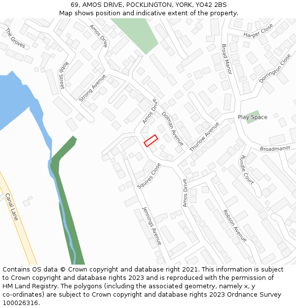 69, AMOS DRIVE, POCKLINGTON, YORK, YO42 2BS: Location map and indicative extent of plot