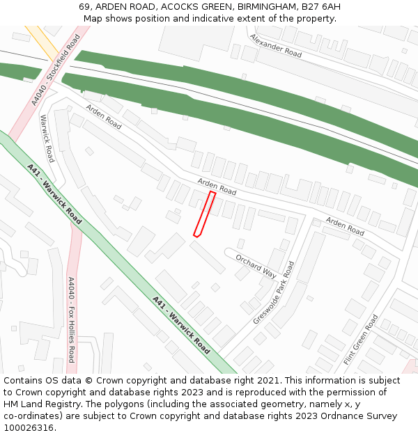 69, ARDEN ROAD, ACOCKS GREEN, BIRMINGHAM, B27 6AH: Location map and indicative extent of plot