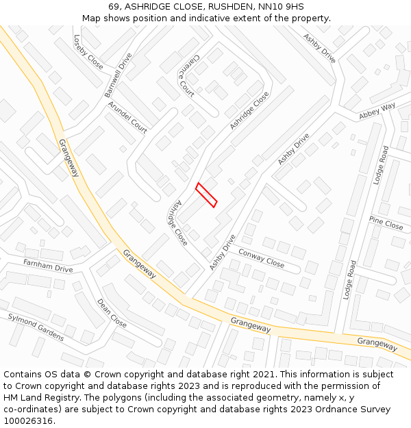 69, ASHRIDGE CLOSE, RUSHDEN, NN10 9HS: Location map and indicative extent of plot